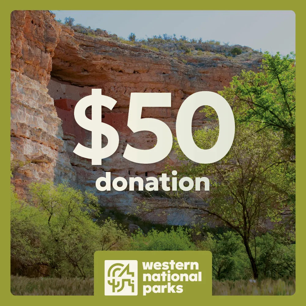 Nature scene with a $50 donation text overlay and Western National Parks logo.